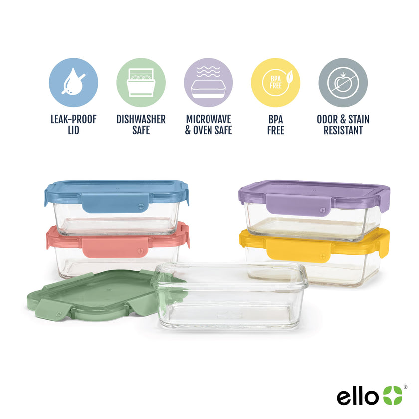 Ello Color Lock 3.4 Cup 10PC, 5 Pack Glass Meal Prep Sets Leak-Proof Glass Food Storage Containers with Airtight BPA-Free Plastic Lids, Dishwasher, Microwave, and Freezer Safe, Desert Festival 🍁 All In One Marketplace Canada