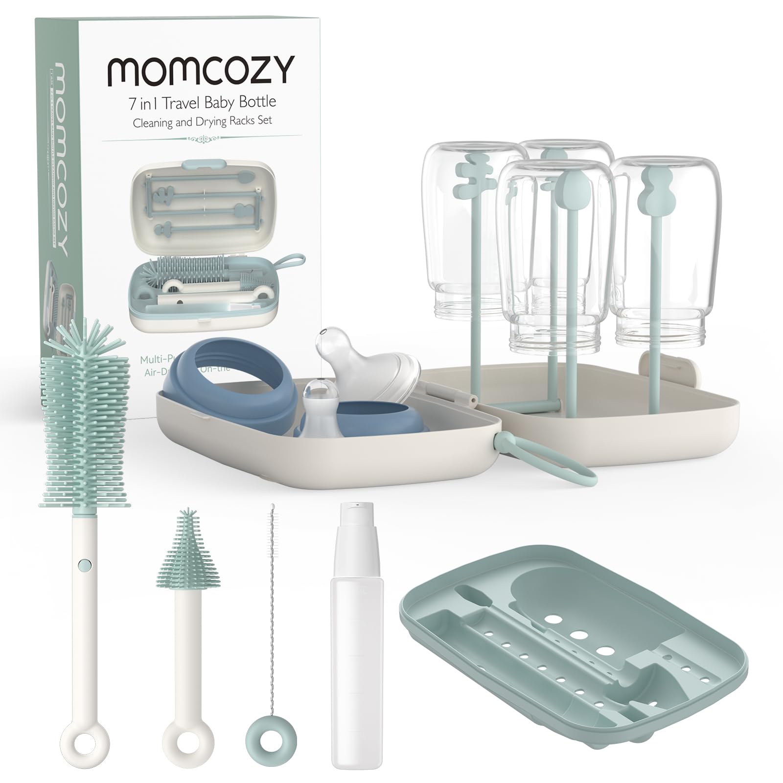 Momcozy 7 in 1 Travel Bottle Cleaning Kit - Baby Bottle Cleaner Set with Silicone Brush, Nipple Brush, Straw Brush, Soap Dispenser, Drying Rack - Home and Travel Bottle Cleaning Tools for Infants 🍁 All In One Marketplace Canada