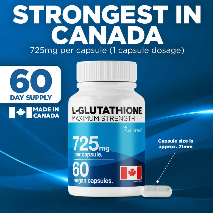 CelluGreen 725mg L-Glutathione MOST POWERFUL AVAILABLE Antioxidant Support for Cellular Health, Liver Detox, Skin & Immune Health, Vegan, Made in Canada. 60 Capsules 🍁 All In One Marketplace Canada