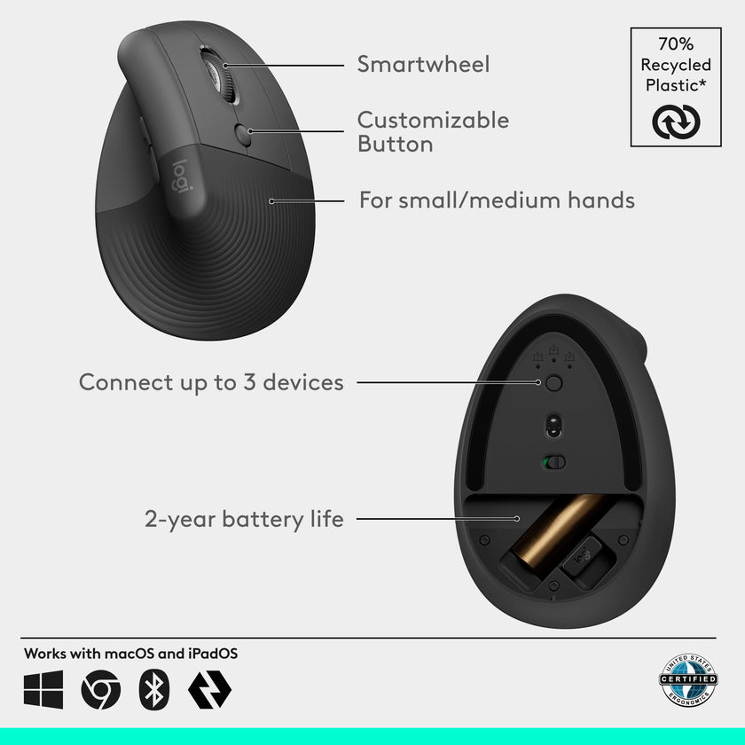 Logitech Lift Vertical Ergonomic Mouse, Wireless, Bluetooth or Logi Bolt USB Receiver, Quiet clicks, 6 Buttons, Compatible with Windows/macOS/iPadOS, Laptop, PC - Graphite 🍁 All In One Marketplace Canada