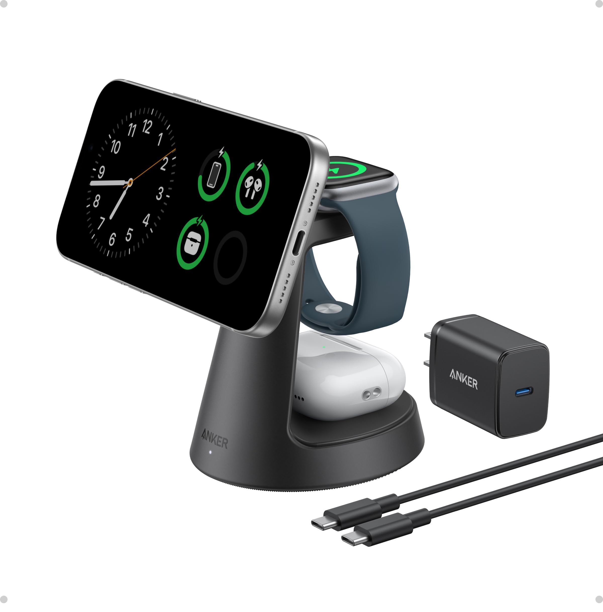Anker MagSafe Charger Compatible, MagGo 3-in-1 Charging Station, Nano Charging Stand, Qi2 Certified 15W Magnetic Wireless Charger Dock, for iPhone17/16/15/14, Apple Watch,AirPods (Black) 🍁 All In One Marketplace Canada