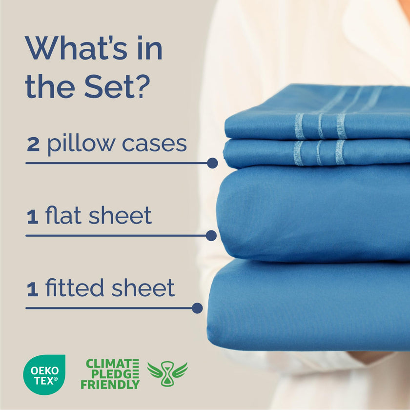 Queen Size 4 Piece Sheet Set - Comfy Breathable & Cooling Sheets - Hotel Luxury Bed Sheets for Women & Men - Deep Pockets, Easy-Fit, Soft & Wrinkle Free Sheets - Denim Blue Oeko-Tex Bed Sheet Set 🍁 All In One Marketplace Canada