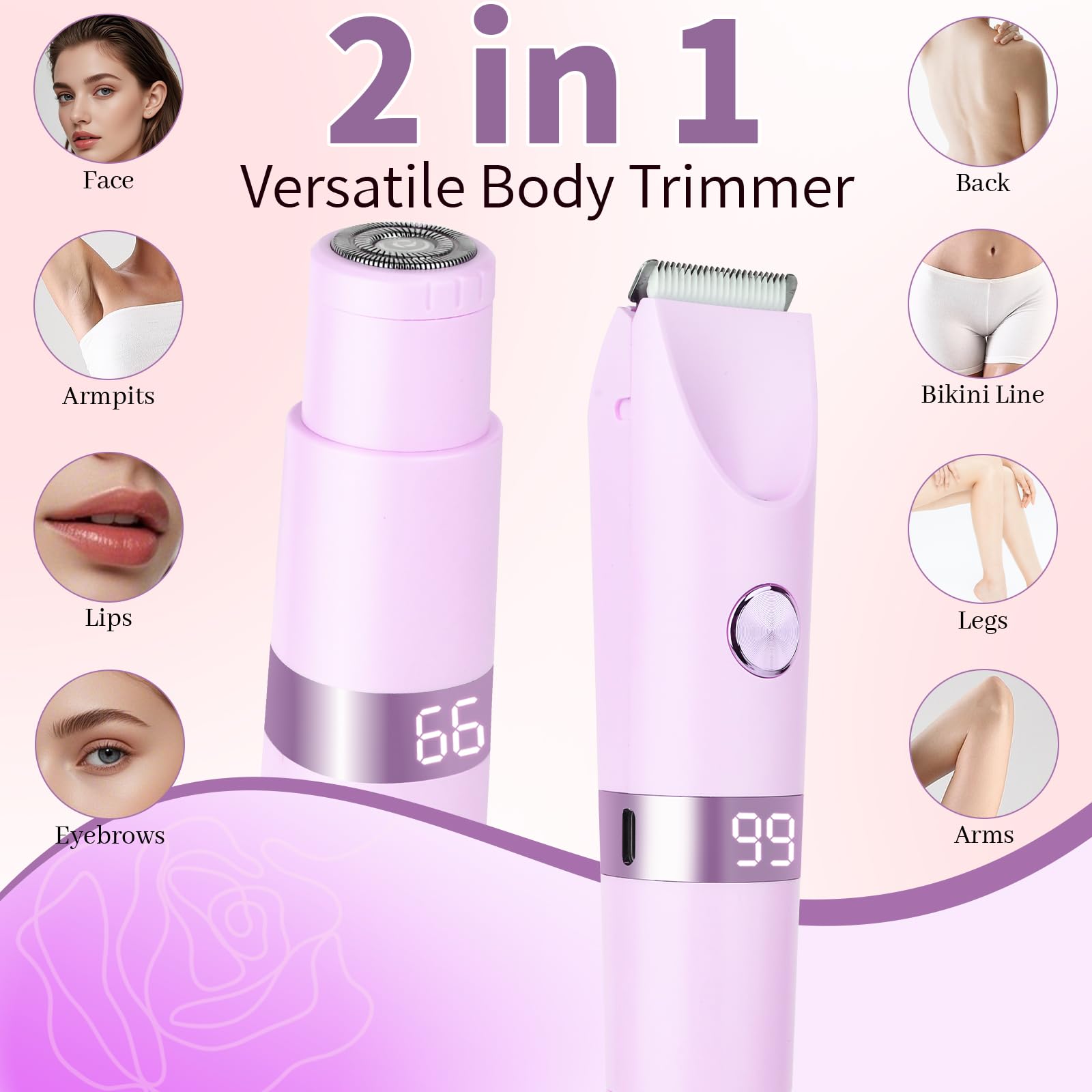 Beanify 2-in-1 Electric Shaver & Bikini Trimmer With LED Display for Women & Men，IPX7 Waterproof Wet/Dry Electric Razor With Dual Head , Rechargeable Painless Body & Facial Hair Remover, Travel-Size (Purple) 🍁 All In One Marketplace Canada