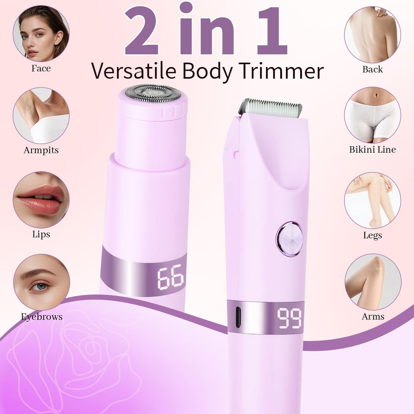 Beanify 2-in-1 Electric Shaver & Bikini Trimmer With LED Display for Women & Men，IPX7 Waterproof Wet/Dry Electric Razor With Dual Head , Rechargeable Painless Body & Facial Hair Remover, Travel-Size (Purple) 🍁 All In One Marketplace Canada