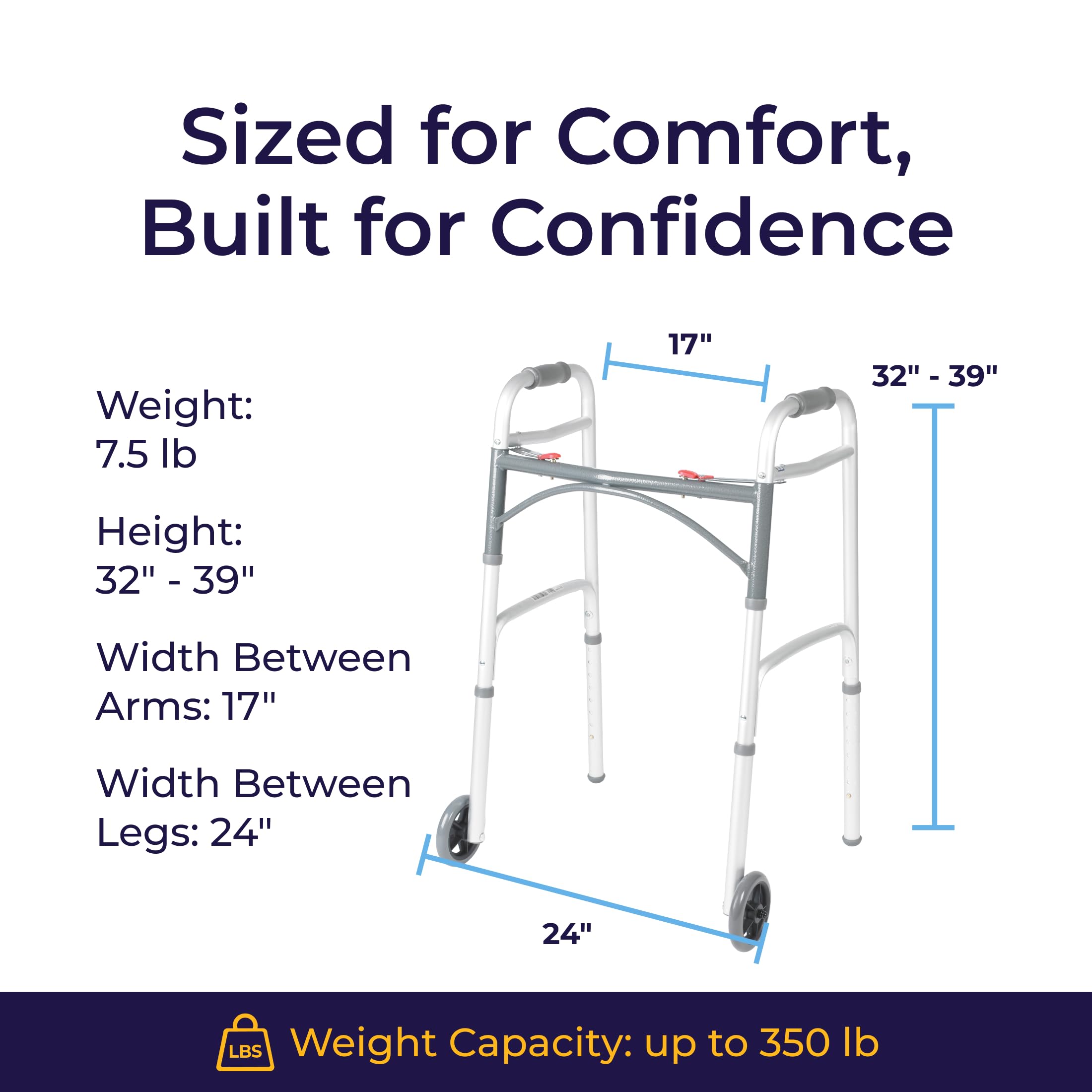 Drive Medical Two-Button Folding Walker w/ Wheels - Lightweight Rolling Mobility Support - Desk Arms - Adjustable Height - Dual Push-Button Operation - 5 Inch Front Wheels - Durable Aluminum - Silver 🍁 All In One Marketplace Canada