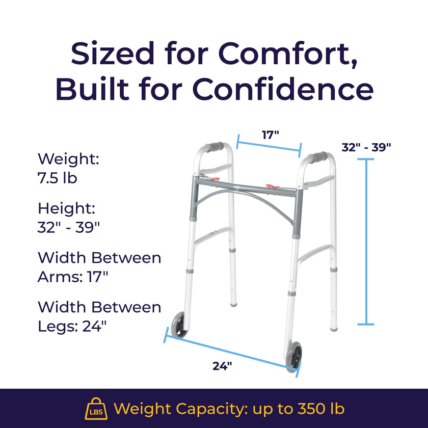 Drive Medical Two-Button Folding Walker w/ Wheels - Lightweight Rolling Mobility Support - Desk Arms - Adjustable Height - Dual Push-Button Operation - 5 Inch Front Wheels - Durable Aluminum - Silver 🍁 All In One Marketplace Canada