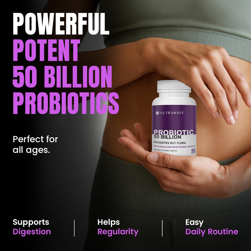 Nutrawave 50 BILLION Probiotics Women & Men, 15 Strains Active Culture. Relieves Bloating and Constipation, Improved Digestion and Gut Health Supplement, Non-GMO, Vegan, Gluten Free. 60 Vegan Capsules/ 60 Day Supply 🍁 All In One Marketplace Canada