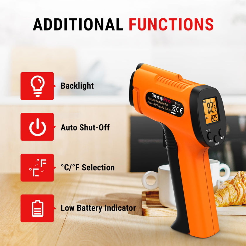 TempPro TP30 Infrared Thermometer Gun, Laser Thermometer for Cooking, Pizza Oven, Griddle, Engine, HVAC, Temperature Gun with Adjustable Emissivity & Max Measure -58°F ~1022°F (Previously ThermoPro) 🍁 All In One Marketplace Canada