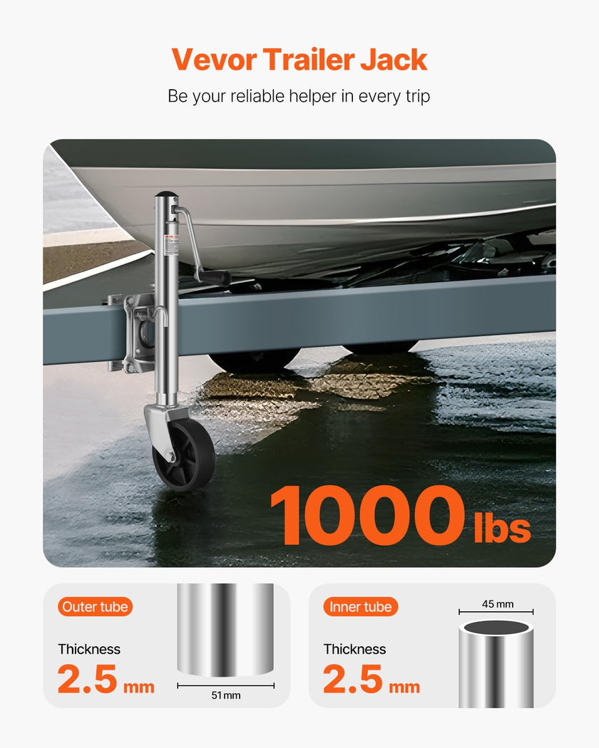 VEVOR Trailer Jack with Wheel, 1000 lbs Load Capacity, Heavy Duty Swivel Boat Trailer Jack with PP Single Wheel & Ergonomic Handle, 10-inch Lift, Fit for RVs, Boats, Horse Trailers, Utility Trailers 🍁 All In One Marketplace Canada