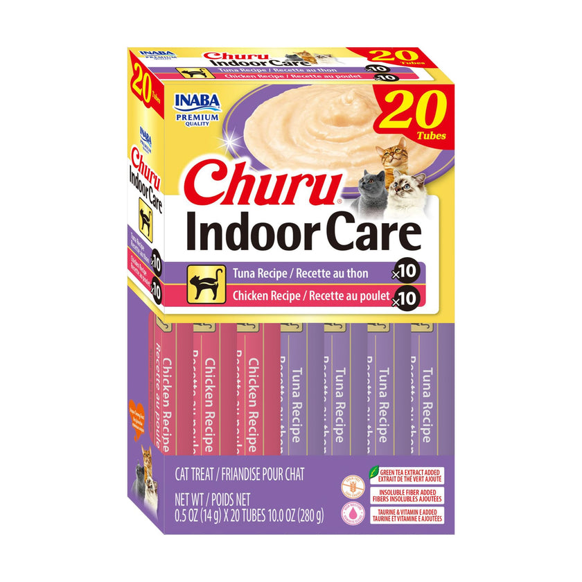 INABA Churu Indoor Care for Hairball Control, Functional Lickable Cat Treat with Taurine & Green Tea Extract, 14 Grams Each, 20 Tubes Total, Tuna & Chicken Variety 🍁 All In One Marketplace Canada