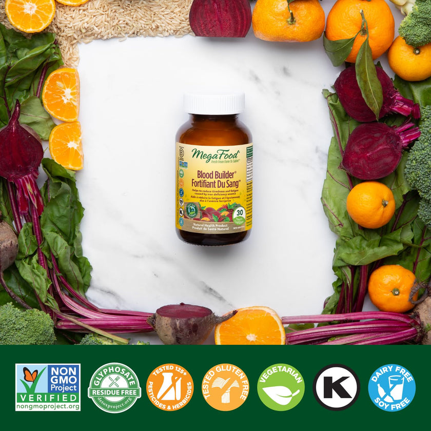 MegaFood Blood Builder - Vegan Iron Supplements with Vitamin C, Folic Acid, Vitamin B12, Beet Root - Iron Supplement for Anemia Prevention - 30 Tablets 🍁 All In One Marketplace Canada