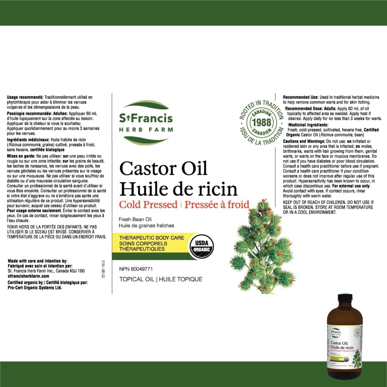ST FRANCIS HERB FARM Castor Oil (500ml) USDA Certified Organic, Cold Pressed, Hexane-Free, GMO Free, Vegan, Vegetarian, Sealed in Protective Amber Glass (1 Bottle) Hair, Skin, and Nail Care 🍁 All In One Marketplace Canada