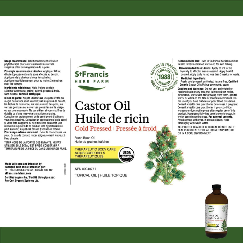 ST FRANCIS HERB FARM Castor Oil (500ml) USDA Certified Organic, Cold Pressed, Hexane-Free, GMO Free, Vegan, Vegetarian, Sealed in Protective Amber Glass (1 Bottle) Hair, Skin, and Nail Care 🍁 All In One Marketplace Canada