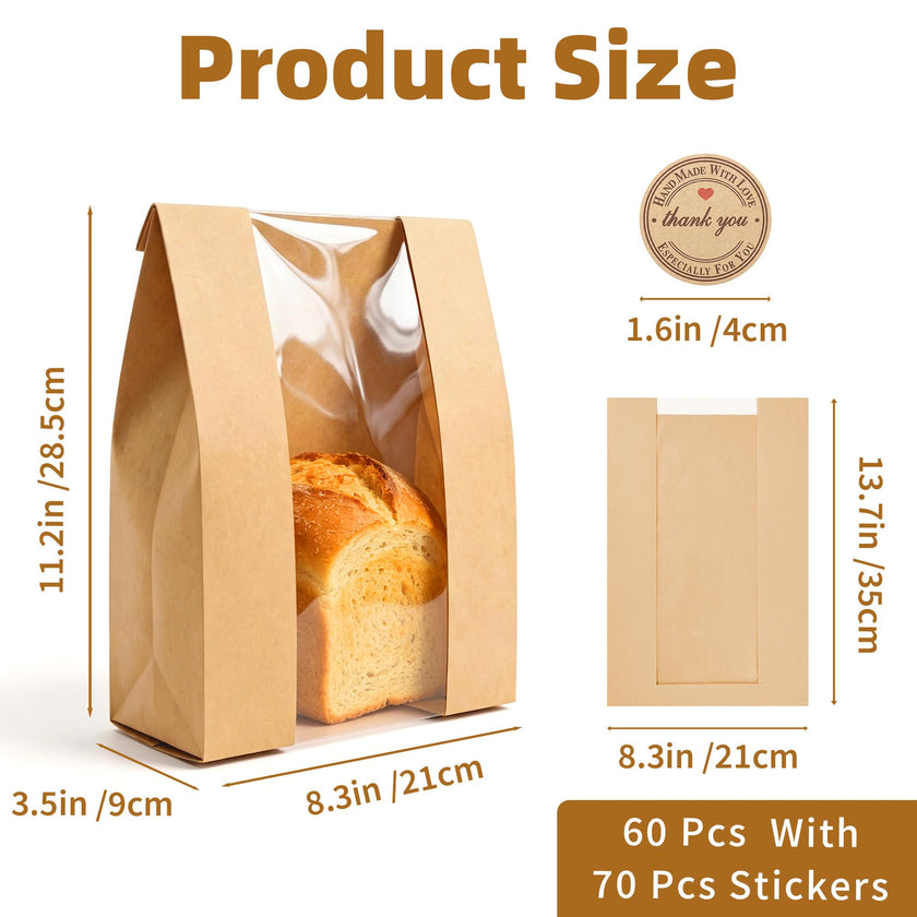 Homrelaxy 60Pcs Paper Bread Bags for Homemade Bread, Sourdough Bag with Window, 13.7 x 8.3 x 3.5 Inch Large Brown Kraft Bakery Bags for Storing Loaves & Snacks, Includes 70 Sealing Stickers 🍁 All In One Marketplace Canada