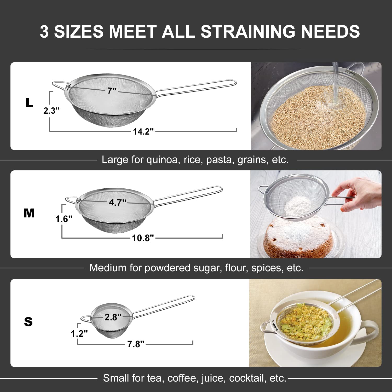 Walfos Fine Mesh Strainers Set, Premium Stainless Steel Sieve and Sifter with Sturdy Handle, Metal Kitchen Strainers Perfect for for Food, Rice, Quinoa, Fruit, Tea, Flour- 3 Sizes 🍁 All In One Marketplace Canada