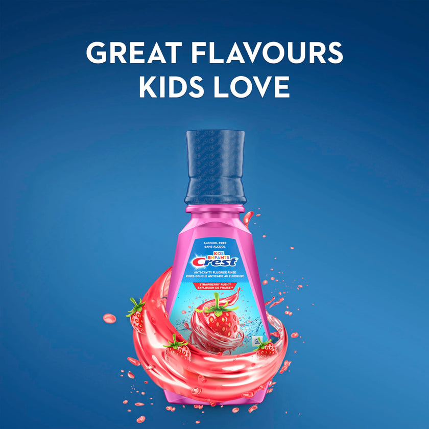 Crest Kid's Anticavity Fluoride Mouthwash, Strawberry Rush, Alcohol-Free Mouthwash for Kids 6+ to Protect Against Cavities, 4X500mL 🍁 All In One Marketplace Canada
