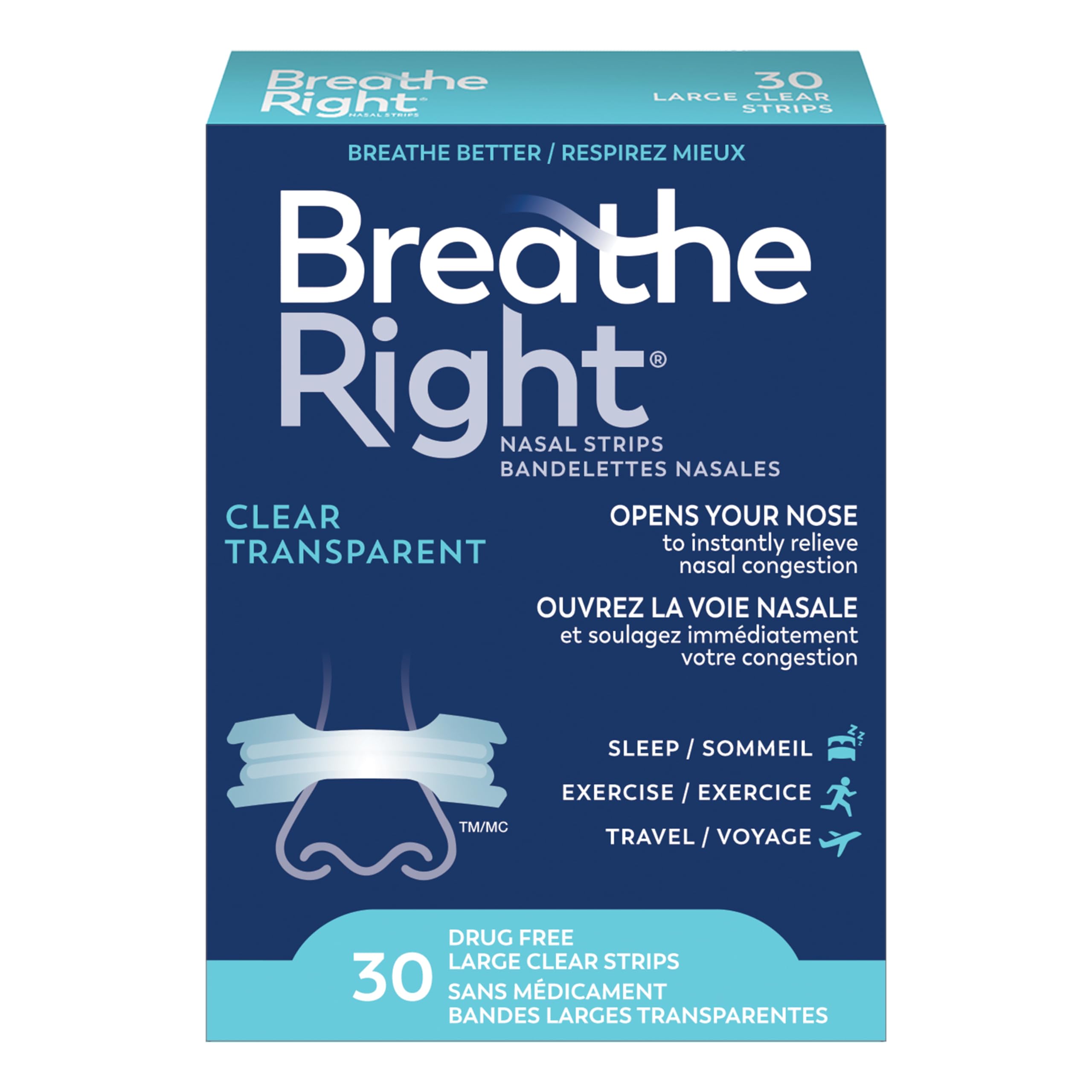 Breathe Right Nasal Strips, Original Large, Clear, Sensitive Skin, Drug-Free Snoring Solution & Nasal Congestion Relief Caused by Colds & Allergies, Nightly Sleep, 30 Count 🍁 All In One Marketplace Canada