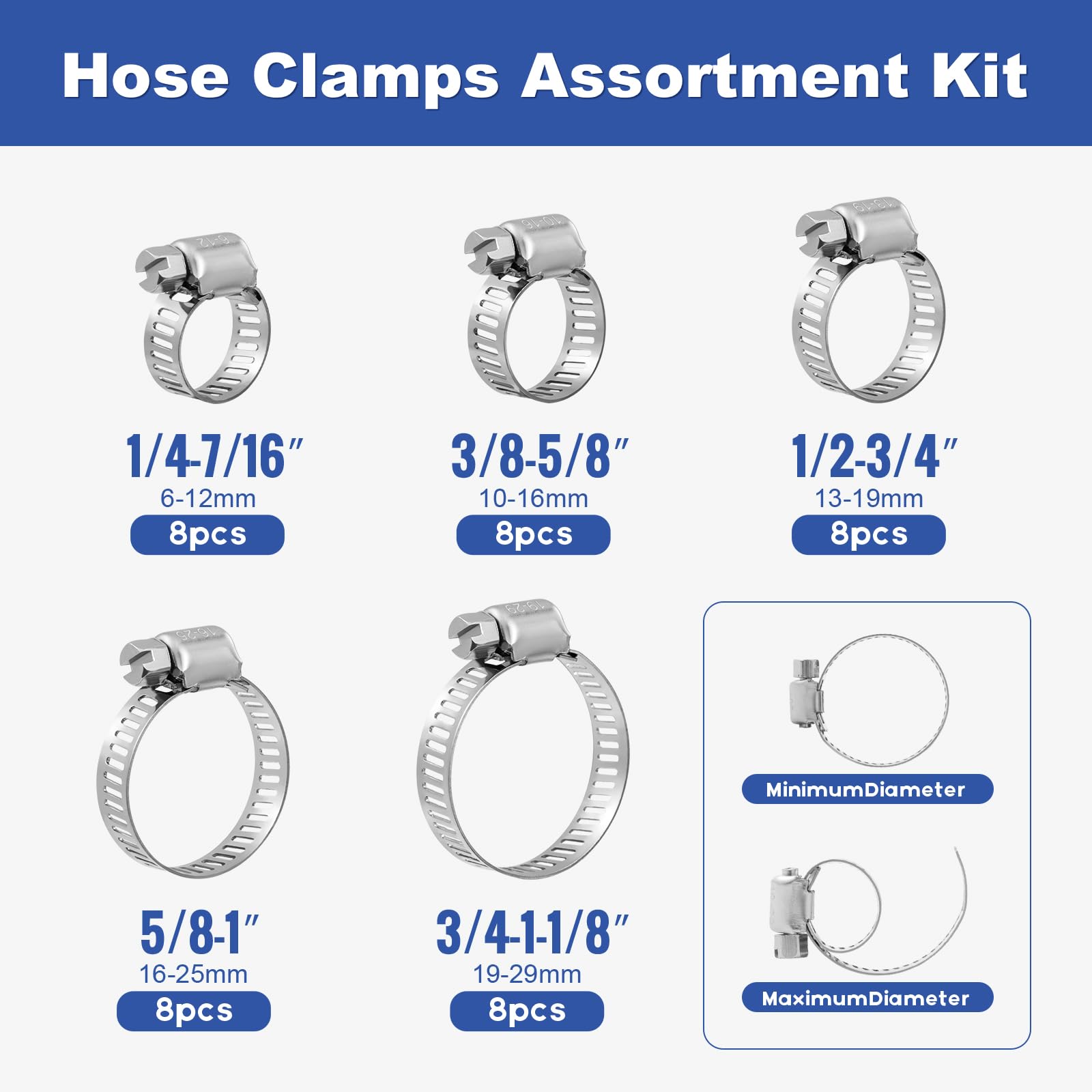 Hose Clamps, Small Worm Gear Hose Clamp Kit, Stainless Steel Worm Gear Hose Clamps for Radiator, Heater, 1 inch, 3/8 inch, 1/2 inch, 1/4 inch, 40 pcs 🍁 All In One Marketplace Canada