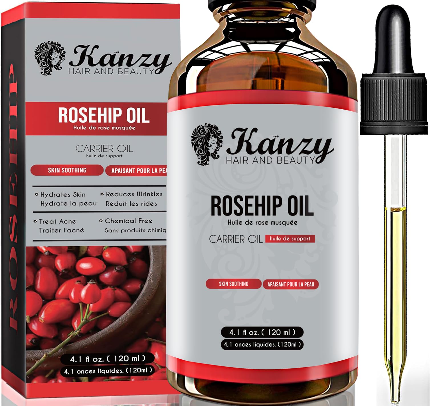 Kanzy Rosehip Oil for Face 120ml - Cold-Pressed Rosehip Oil for Skin, Hair, Nails & Body | Vegan & Cruelty-Free Moisturizing Oil for Daily Use 🍁 All In One Marketplace Canada