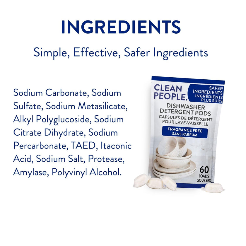 Clean People All Natural Dishwasher Pods - Cuts Grease & Rinses Sparkling Clean - Residue-Free - Phosphate Free Dishwashing Pods - Fragrance Free, 60 Pack 🍁 All In One Marketplace Canada