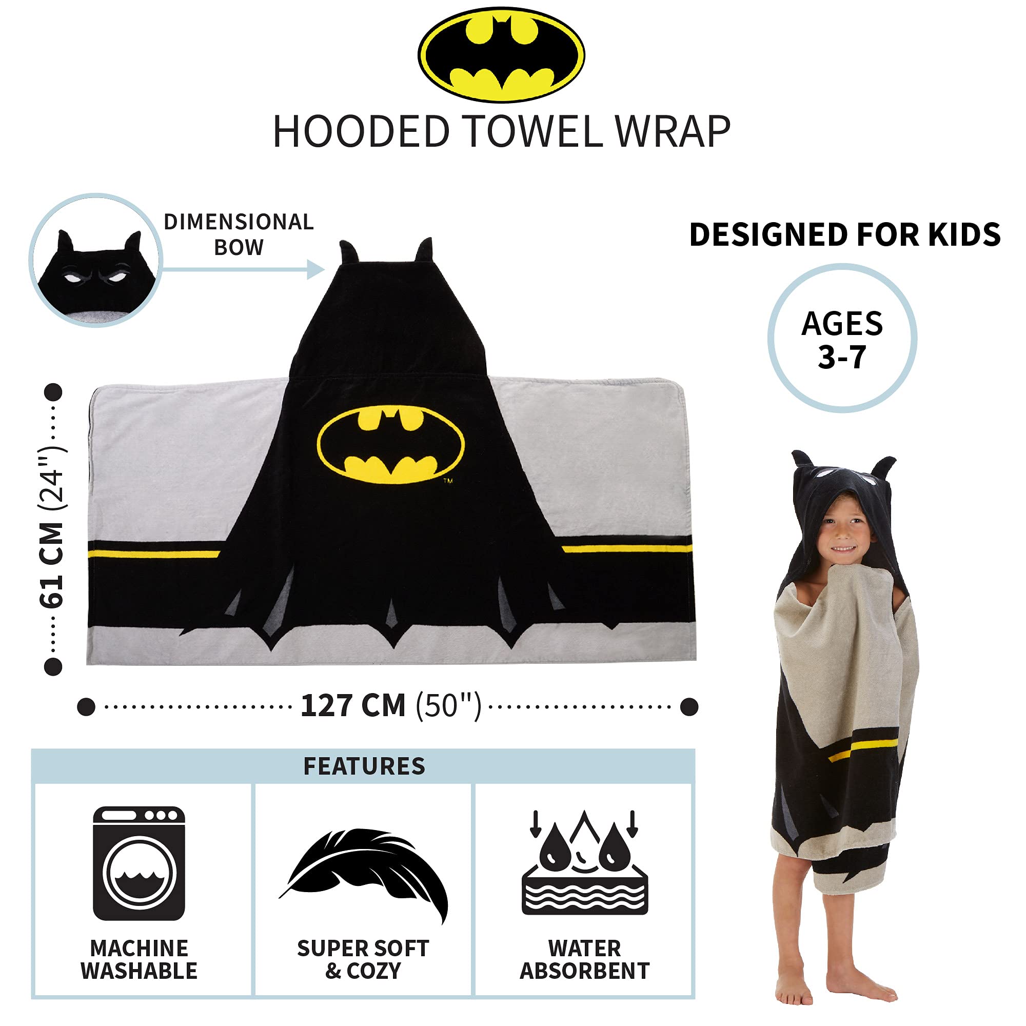 Batman Kids Bath/Pool/Beach Super Soft Cotton Terry Hooded Towel Wrap, 24