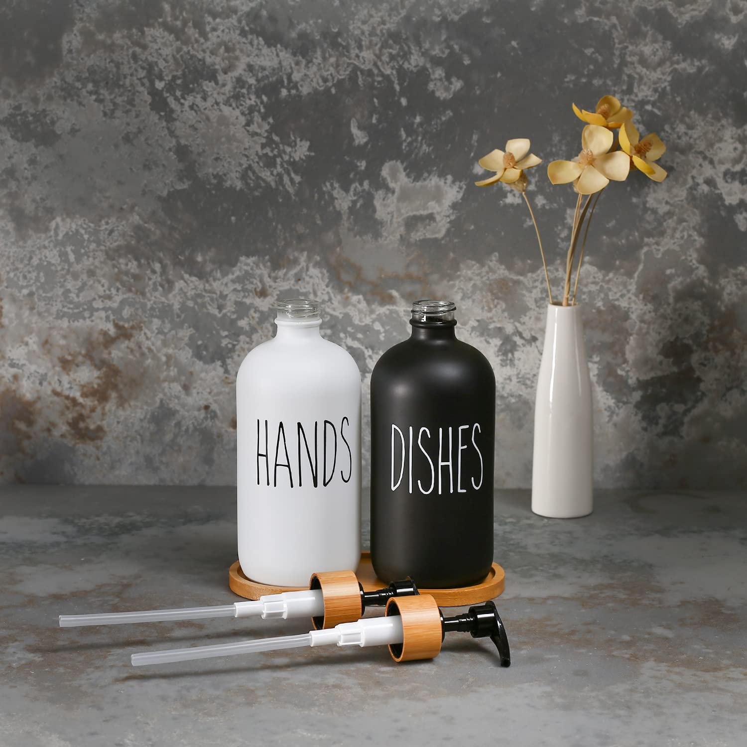 MOMEEMO Glass Soap Dispenser Set, Contains Hand Soap and Dish Soap Dispenser.Suitable for Kitchen Decor. (Black & White) 🍁 All In One Marketplace Canada