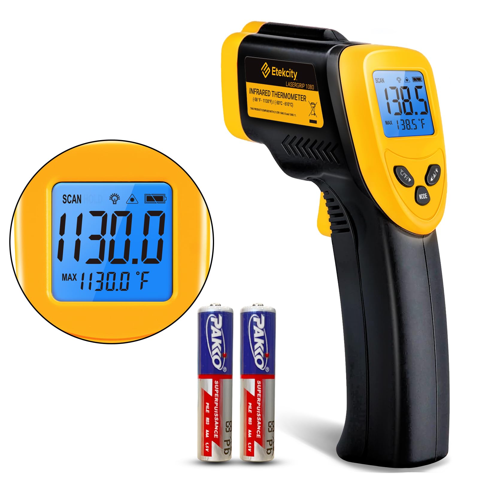 Etekcity Lasergrip 1080 Laser Thermometer Digital Infrared Thermometer Temperature Gun for Kitchen Cooking BBQ Grill and Bath Water, -58℉~1130℉ (-50℃～610℃), Yellow and Black 🍁 All In One Marketplace Canada