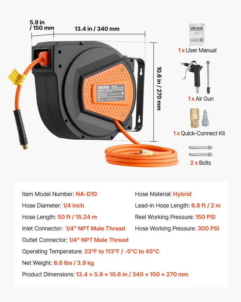 VEVOR Retractable Air Hose Reel, 1/4 Inch x 50 FT Hybrid Air Hose Max 300PSI, Enclosed Air-Compressor Hoses Reel Auto Rewind with 6.6 ft Lead in & Blow Gun, 180° Swivel Ceiling/Wall Mount 🍁 All In One Marketplace Canada