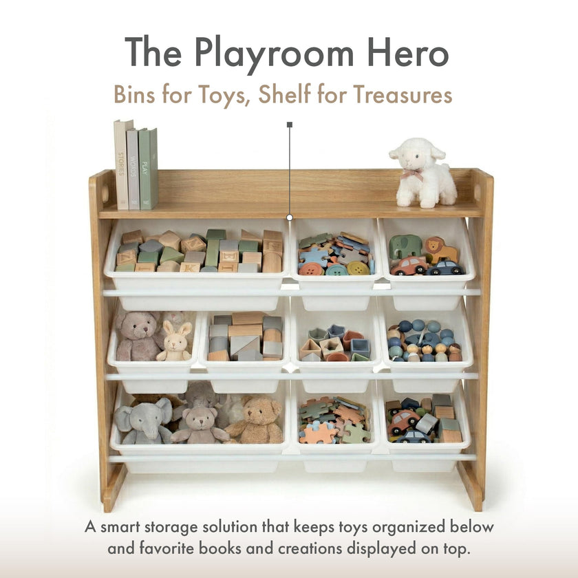 Humble Crew Toy Storage Organizer with Top Shelf and 9 Removable Bins, Natural/White – Toddler Bookshelf with Toy Organizer - Modern Toy Rack Ideal for Kids' Rooms, Playrooms, and Nurseries 🍁 All In One Marketplace Canada