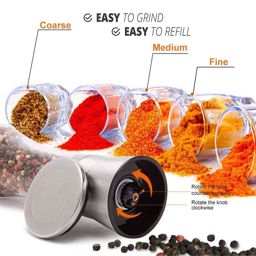 Pepper Grinder or Salt Grinder, Best Spice Mill with Ceramic Blades, Adjustable Coarseness, Brushed Stainless Steel Cap, and Refillable Tall Glass Body with 6OZ Capacity (7.5