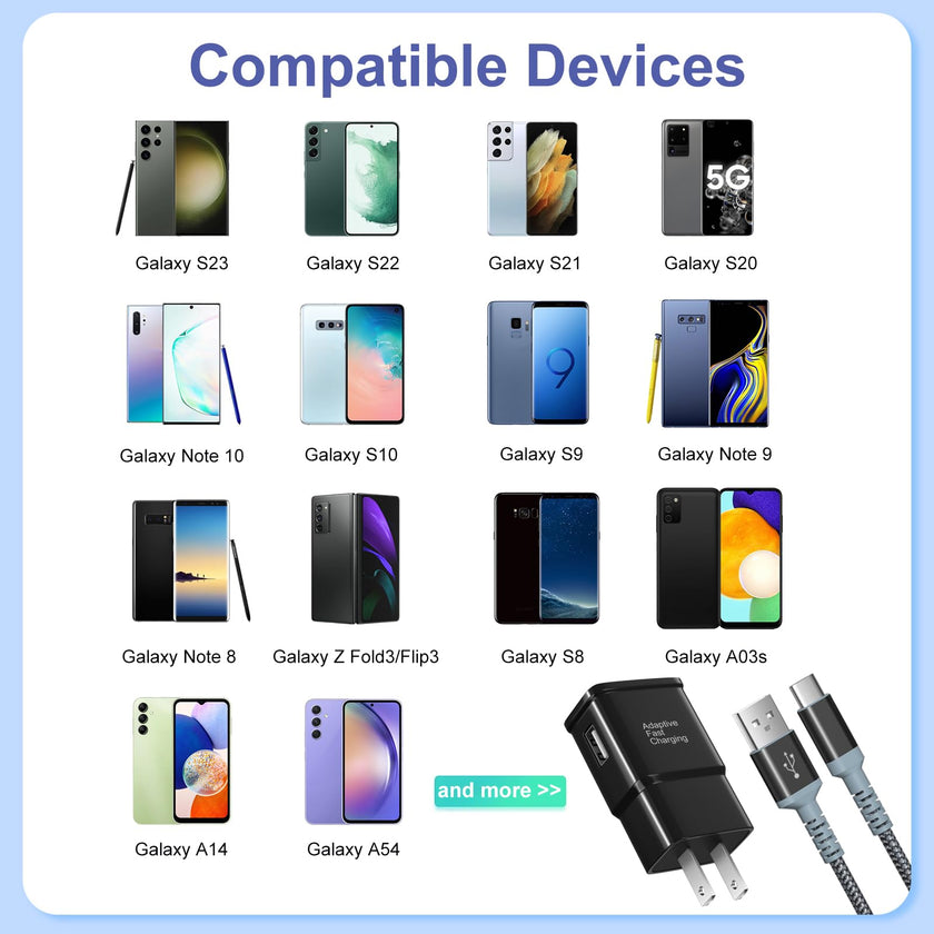 Adaptive Fast Charger and USB-C Cable 10ft(3m), Excgood Type C Cable Fast Charging Compatible with Galaxy A16/A15/A13/A14/A03s, S25 Ultra/S24/S23/S22/S20/S8/9+/10e,Note, Android Phone (2Pack Black) 🍁 All In One Marketplace Canada