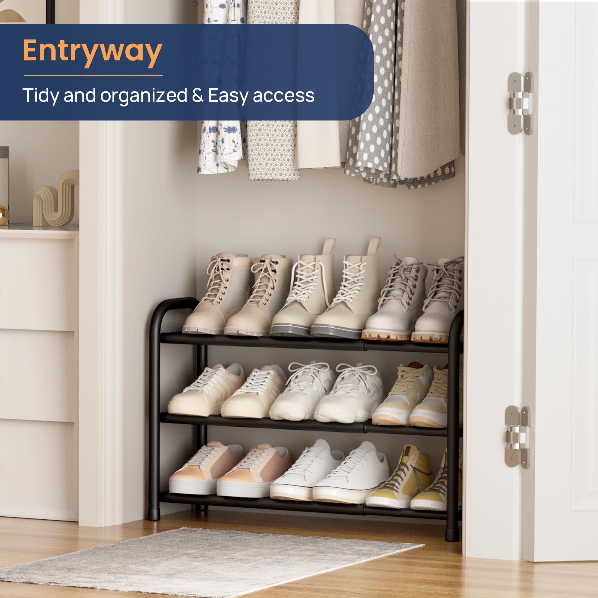 ENJOYBASICS Expandable Metal Shoe Racks for Closet, 3 Tier Adjustable Shoe Organizer Shelf, Black Free Standing Rack Storage for Entryway 🍁 All In One Marketplace Canada