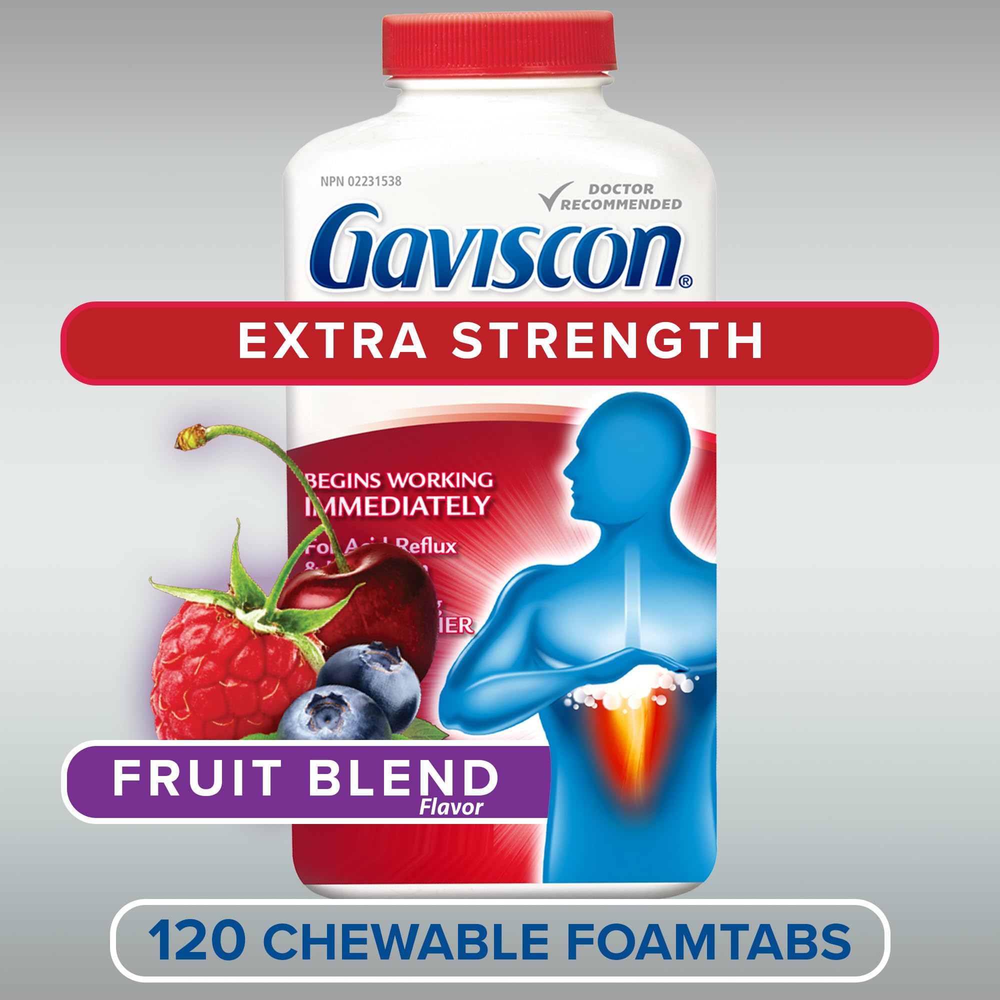 Gaviscon Extra Strength Tablets - 120 Count - Chewable Foaming Antacid Tablets for Day and Night Heartburn Relief, Acid Reflux and GERD Relief, Fruit Blend - Free of Aluminum, Lactose and Gluten 🍁 All In One Marketplace Canada