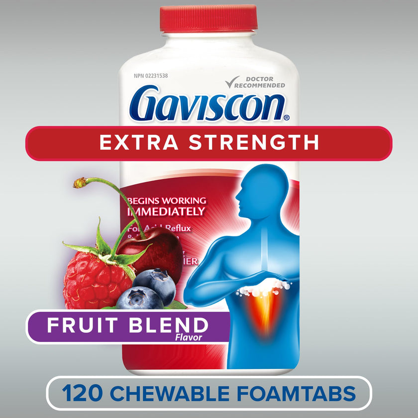 Gaviscon Extra Strength Tablets - 120 Count - Chewable Foaming Antacid Tablets for Day and Night Heartburn Relief, Acid Reflux and GERD Relief, Fruit Blend - Free of Aluminum, Lactose and Gluten 🍁 All In One Marketplace Canada