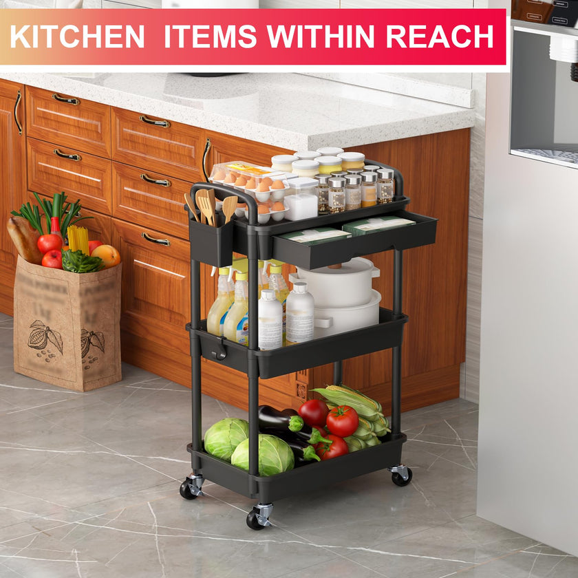 Goovilla 3 Tier Rolling Utility Cart Organizer with Removable Drawer, Stable and Sturdy Black Rolling Storage Carts with 2 Lockable Wheels for Bathroom, Kitchen, Snack, Craft, Makeup, Baby Essentials 🍁 All In One Marketplace Canada