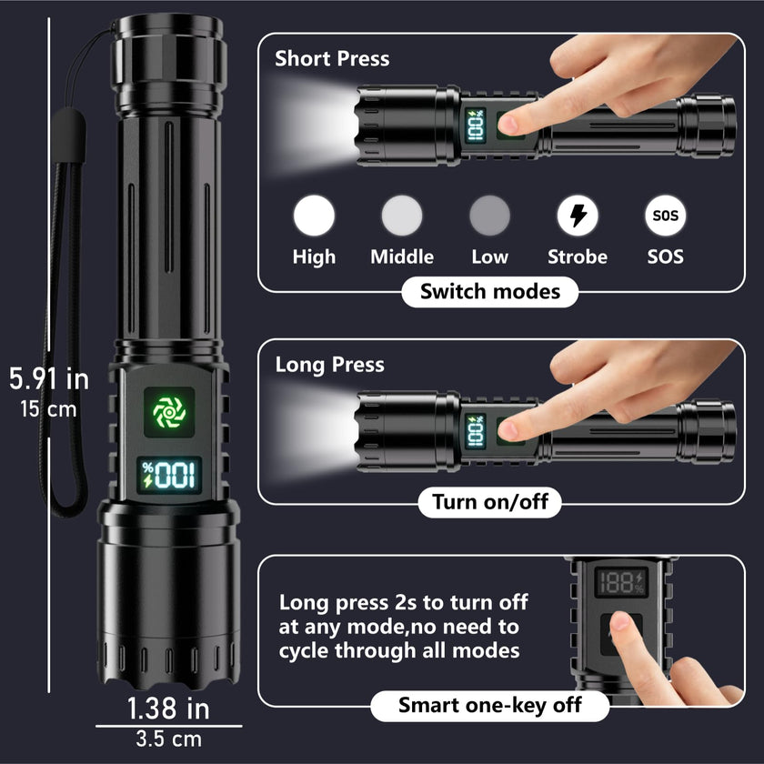 Rechargeable Flashlight 2 Pack, 990000 High Lumens LED Flash Light, Brightest Zoomable Lampe with LCD Digital Display, 5Modes Super Bright Flashlights, Powerful Tactical Flashlight for Outdoor, Gift 🍁 All In One Marketplace Canada