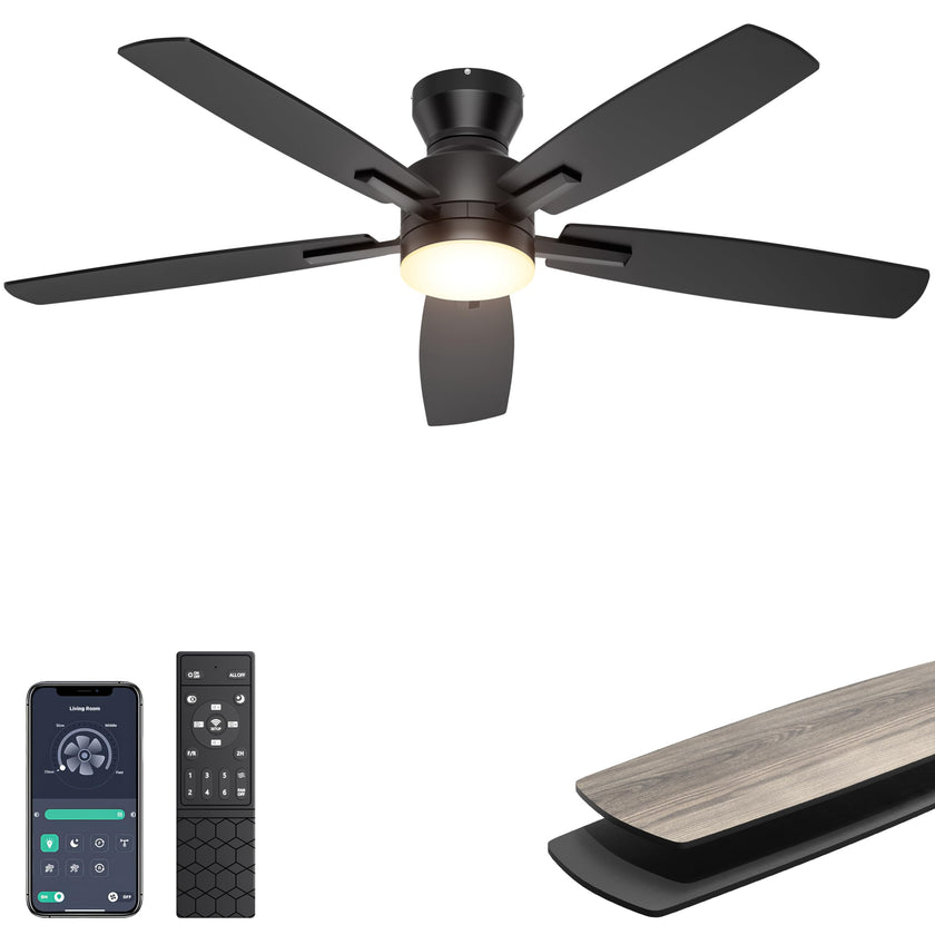 Ohniyou 52'' Ceiling Fan with Lights: Smart Fan with remote & APP Control - Low Profile Ceiling Fan with Quiet Performance - Flush Mount Outdoor Ceiling Fan (Black) 🍁 All In One Marketplace Canada