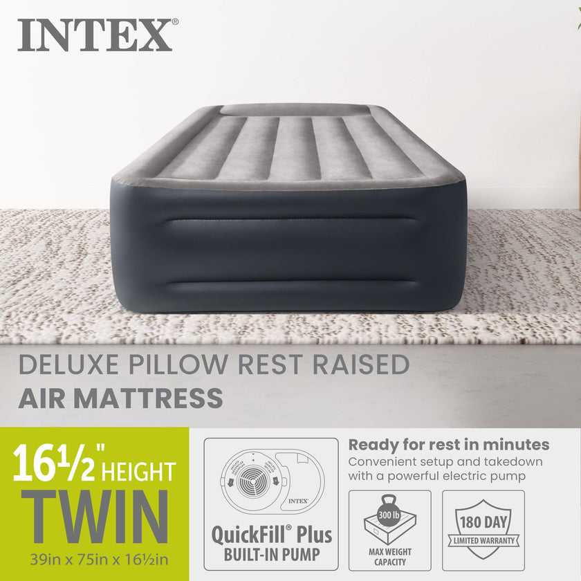 INTEX 64131ED Dura-Beam Plus Deluxe Pillow Rest Air Mattress: Fiber-Tech – Twin Size – Built-in Electric Pump – 16.5in Bed Height – 300lb Weight Capacity 🍁 All In One Marketplace Canada