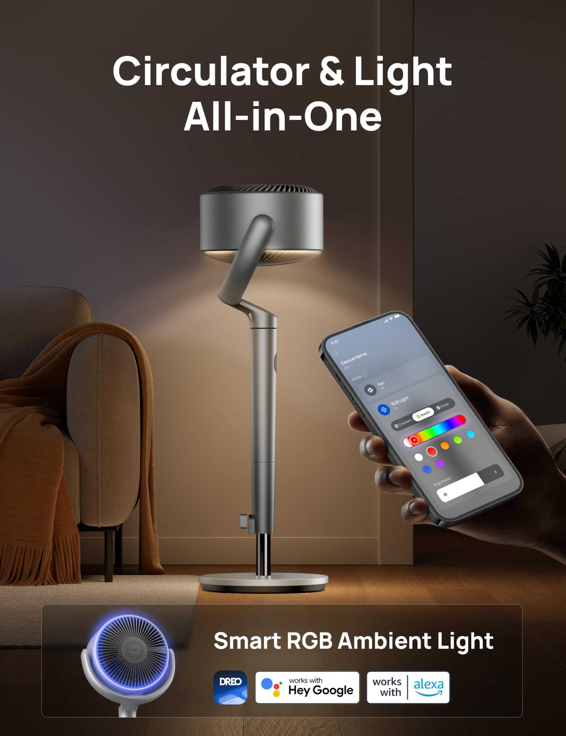 DREO Smart Fans for Bedroom, 120° +120° Omni-Directional Oscillating Fan, 90ft Quiet Pedestal Fan with RGB Light, 9 Speeds, 6 Modes, 20dB, 8H Timer, Wi-Fi/Voice, 37-42