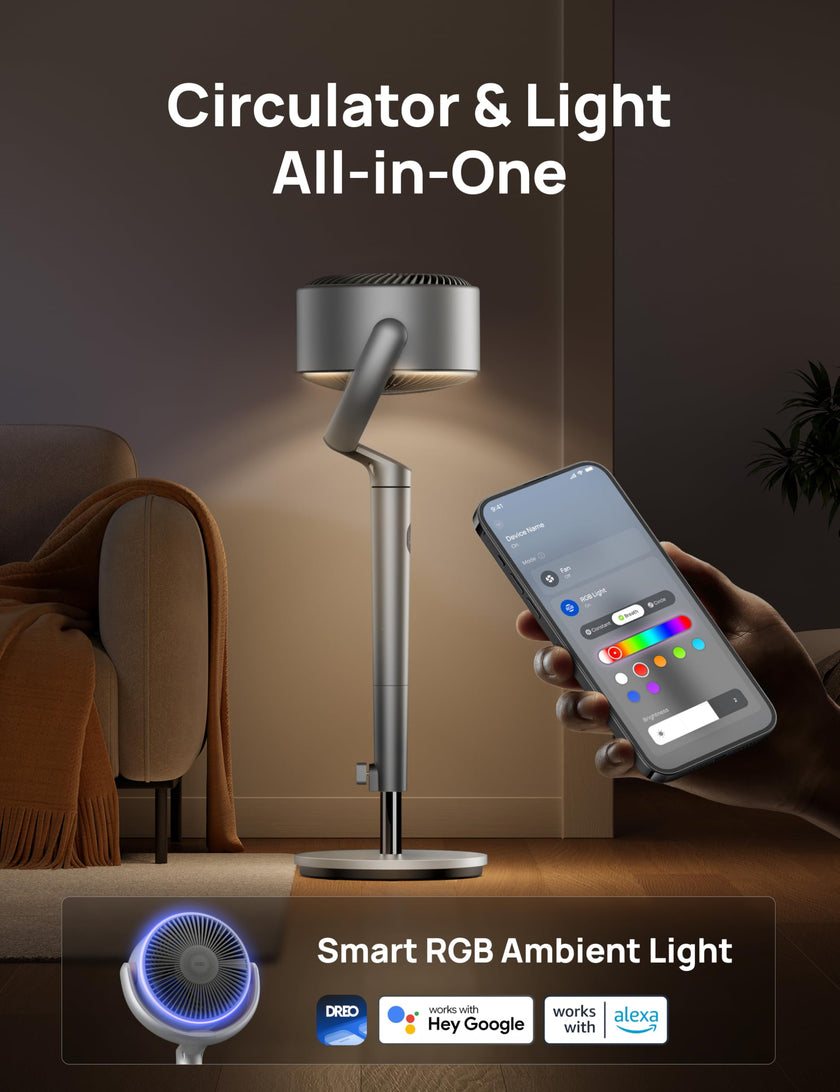DREO Smart Fans for Bedroom, 120° +120° Omni-Directional Oscillating Fan, 90ft Quiet Pedestal Fan with RGB Light, 9 Speeds, 6 Modes, 20dB, 8H Timer, Wi-Fi/Voice, 37-42
