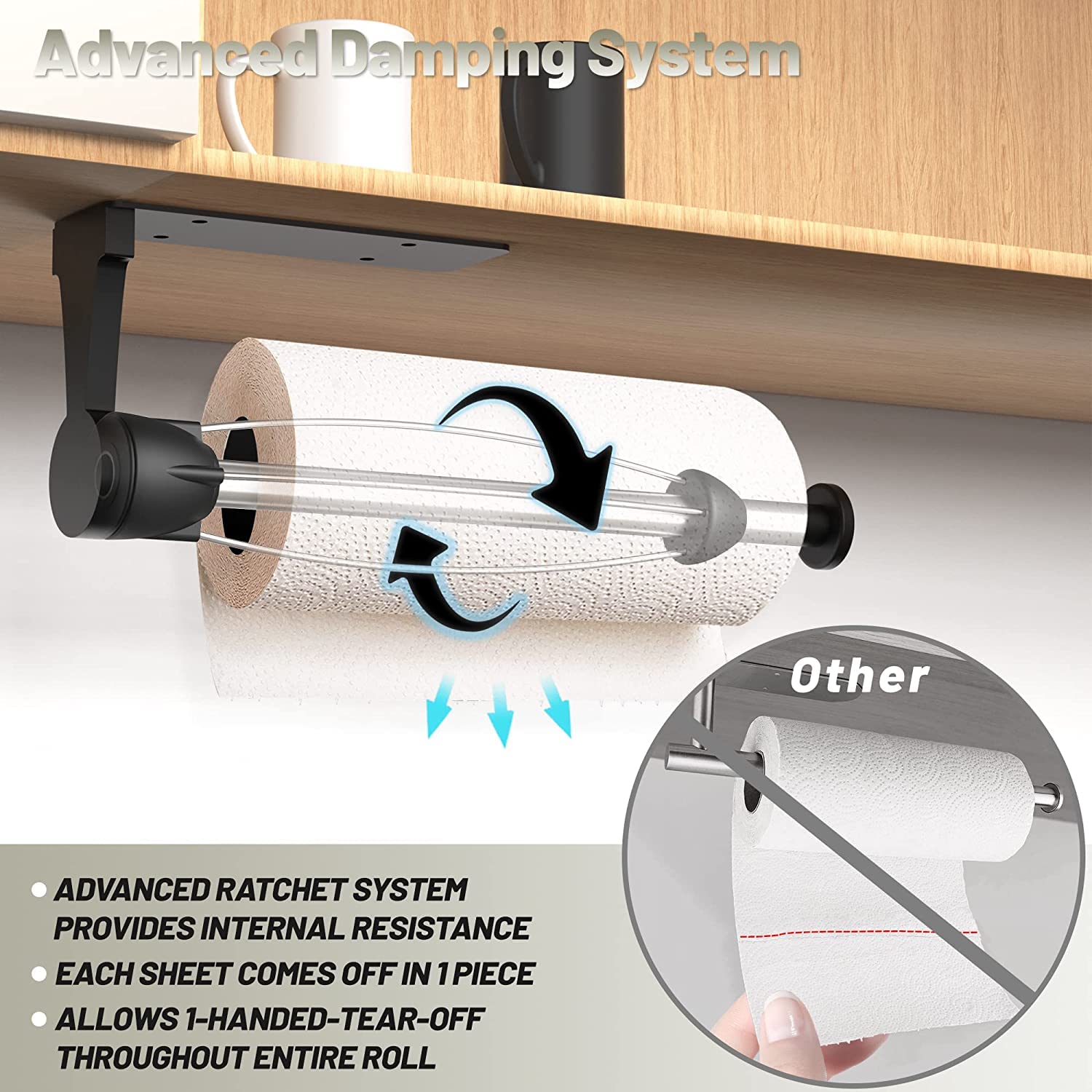 VEHHE Paper Towel Holder Under Cabinet with Ratchet System, Single Hand Operable Paper Towel Holder Wall Mount with Damping Effect, Self-Adhesive Papers Towels Holders or Drilled for Kitchen (Black) 🍁 All In One Marketplace Canada