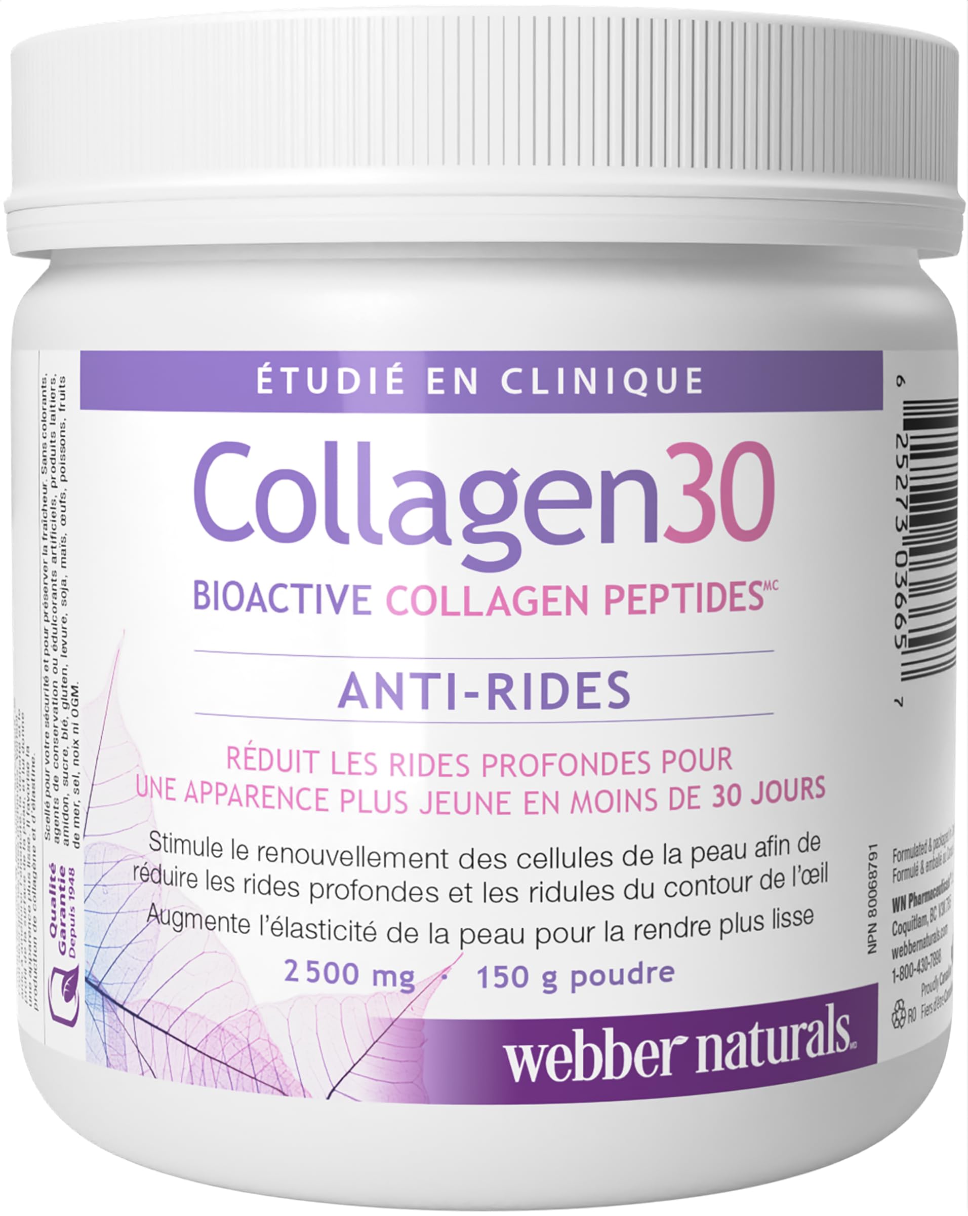 Webber Naturals Collagen30 Anti-Wrinkle Powder, 2500 mg of Bioactive Collagen Peptides Per Serving, 150 Grams, Helps Reduce Deep Wrinkles, Fine Lines & Stimulates Skin Cells 🍁 All In One Marketplace Canada