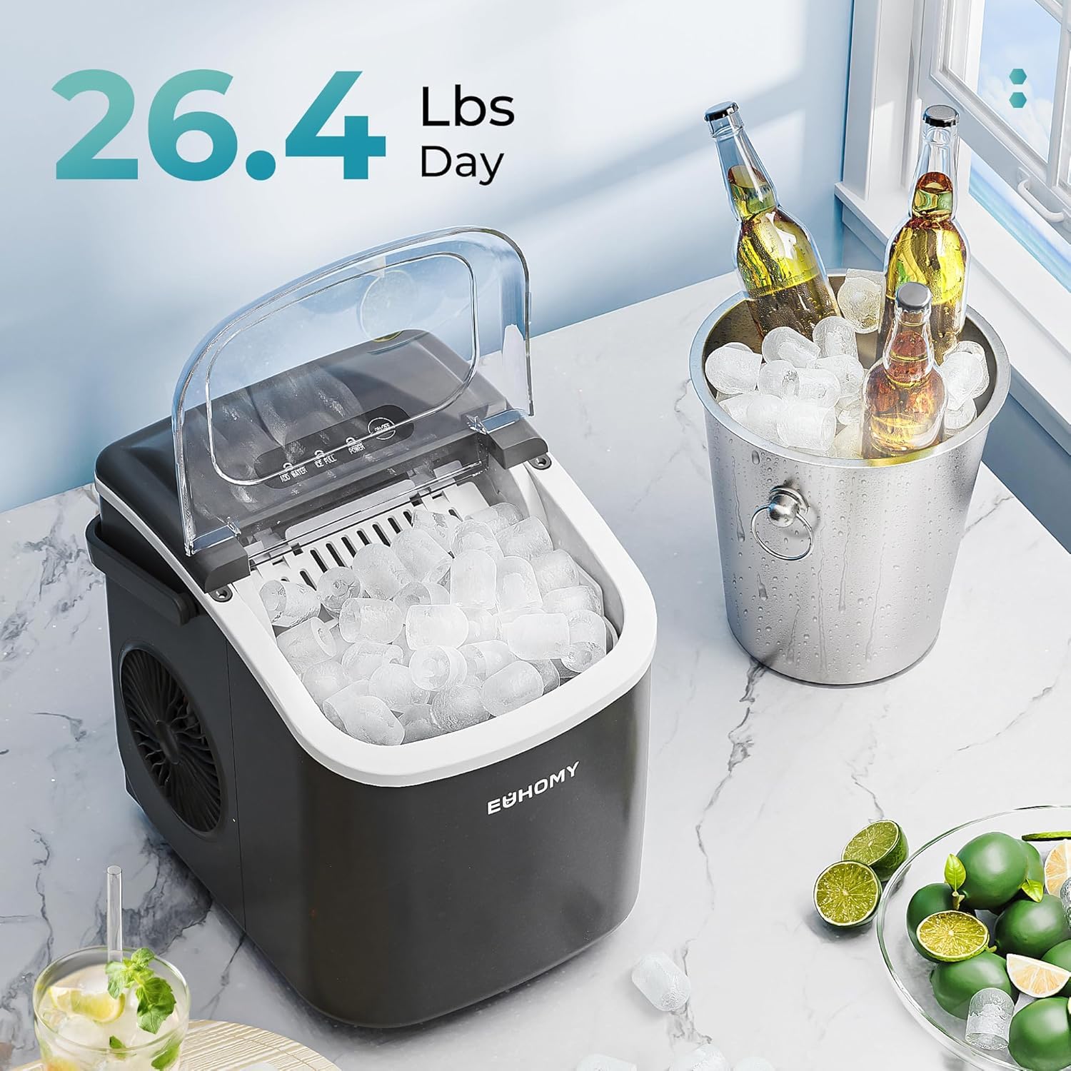 EUHOMY Countertop Ice Maker Machine with Handle, 26.4lbs Per Day, 9 Ice Cubes Ready in 6 Mins, Auto-Cleaning Portable Ice Maker with Basket and Scoop, for Home/Kitchen/Camping/RV (Black) 🍁 All In One Marketplace Canada
