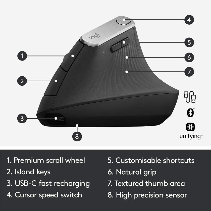 Logitech MX Vertical Wireless Mouse – Ergonomic Design Reduces Muscle Strain, Move Content Between 3 Windows and Apple Computers, Rechargeable, Graphite 🍁 All In One Marketplace Canada