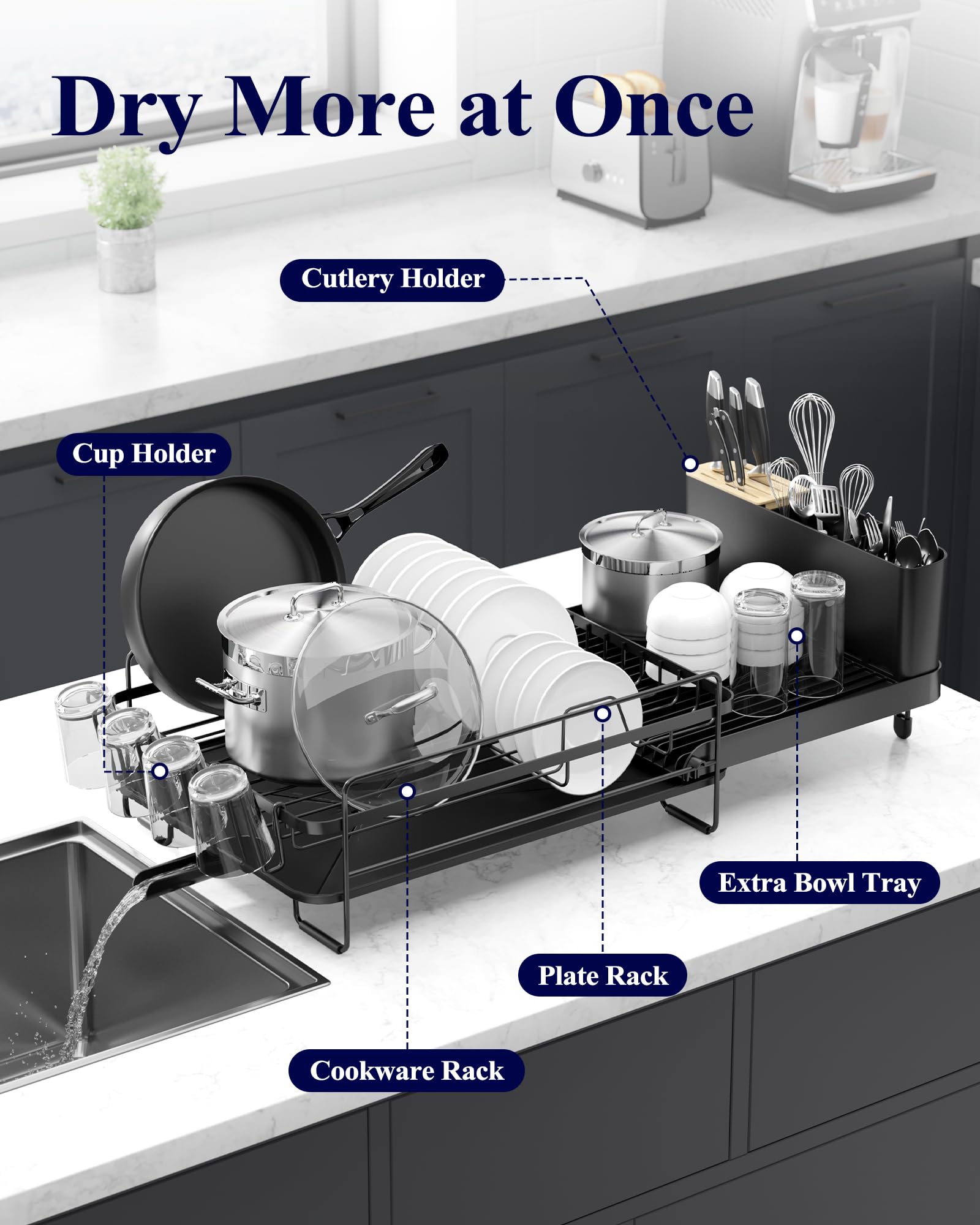 Kitsure Large Dish Drying Rack - Extendable Stainless Steel, Anti-Rust Kitchen Counter Rack with Cutlery & Cup Holders, 67.8 x 32.8 x 15.0cm, Black 🍁 All In One Marketplace Canada