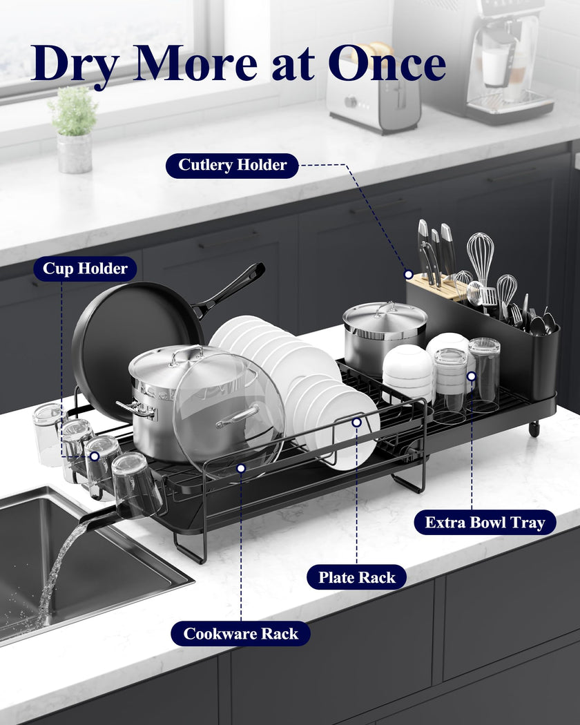 Kitsure Large Dish Drying Rack - Extendable Stainless Steel, Anti-Rust Kitchen Counter Rack with Cutlery & Cup Holders, 67.8 x 32.8 x 15.0cm, Black 🍁 All In One Marketplace Canada