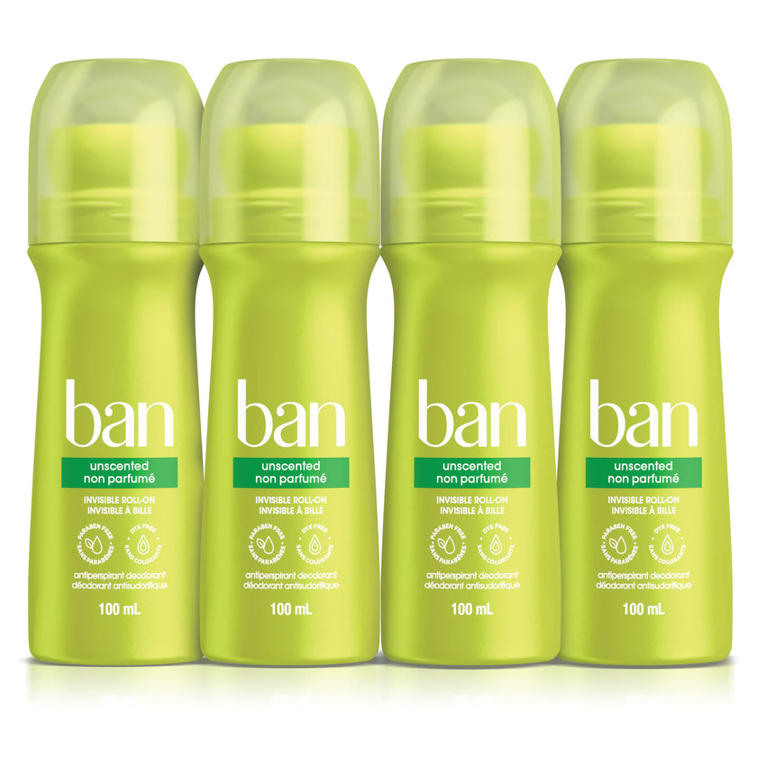 Ban Unscented Roll-on Antiperspirant Deodorant, 24-Hour Protection, Pack of 4 | Made in Canada 🍁 All In One Marketplace Canada