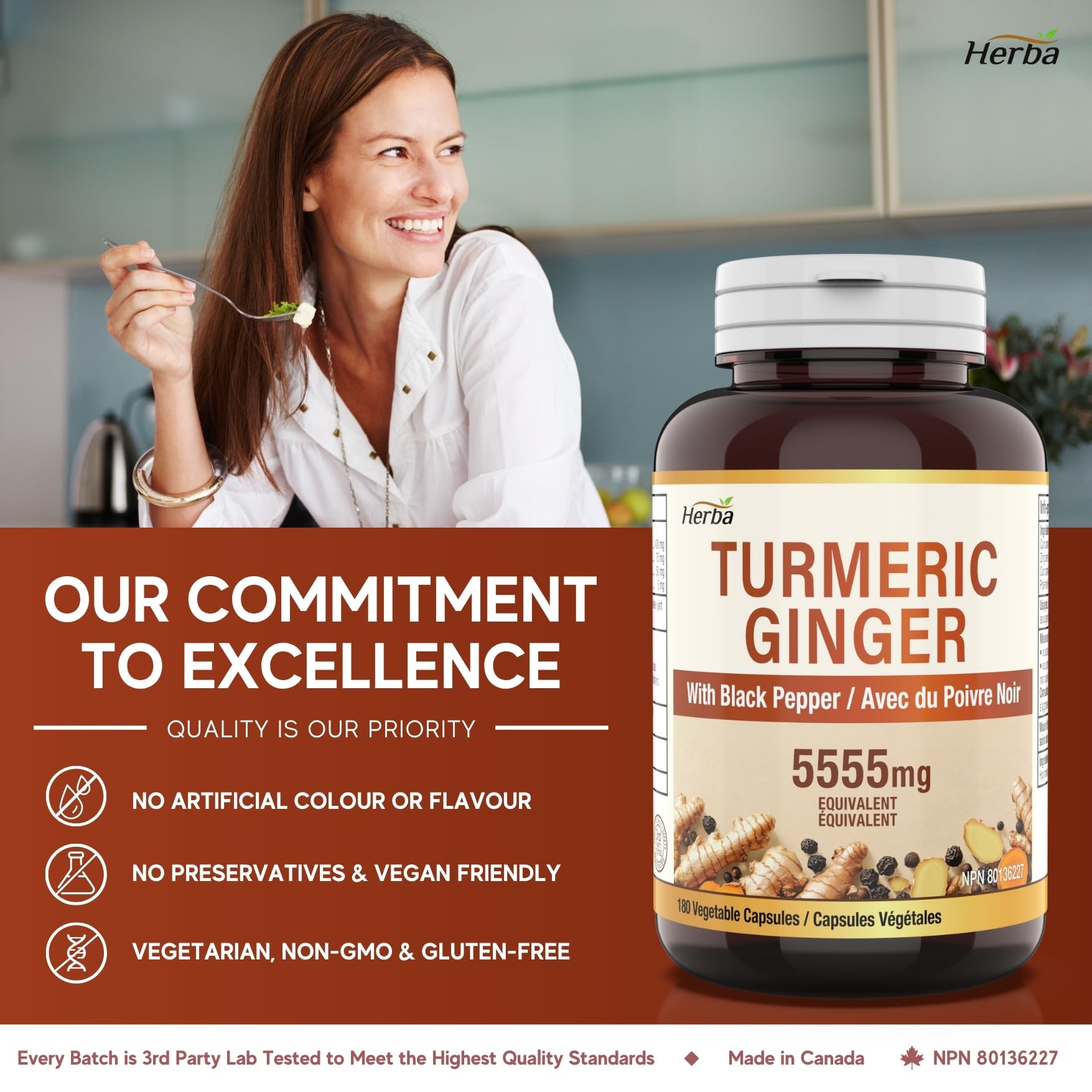 Herba Turmeric Supplements for Inflammation with Black Pepper and Ginger - 180 Capsules | 5,555mg Equiv. with 95% Turmeric Curcumin Supplements with Black Pepper | Joint Pain Relief | Made in Canada 🍁 All In One Marketplace Canada