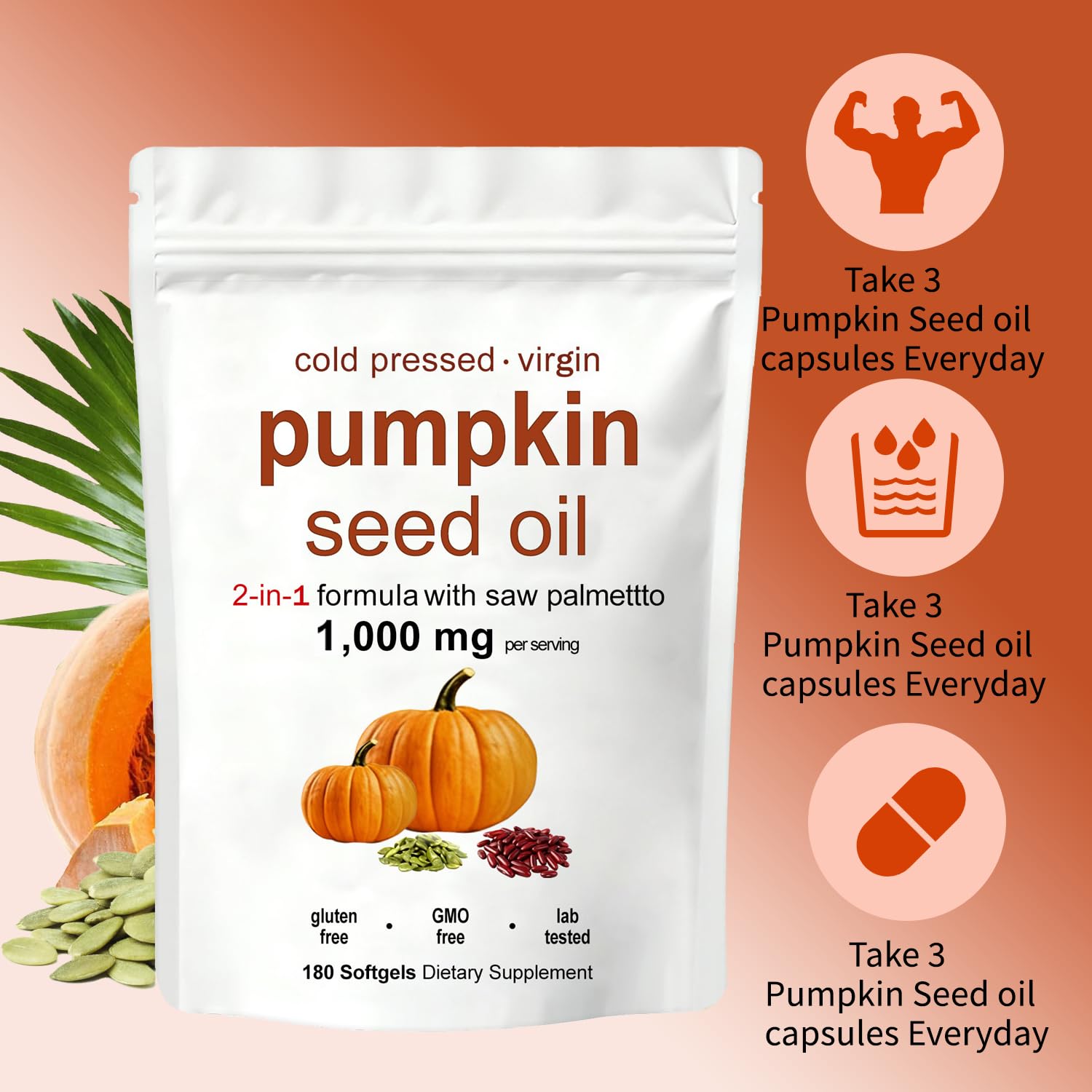 KITABIO Pumpkin Seed Oil Capsules | Pumpkin Seed Oil with Saw Palmetto - Cold-Pressed | Easy-to-Swallow Softgels – Resealable Package | Non-GMO - 180 Pc/1 Bag (Z-1) 🍁 All In One Marketplace Canada