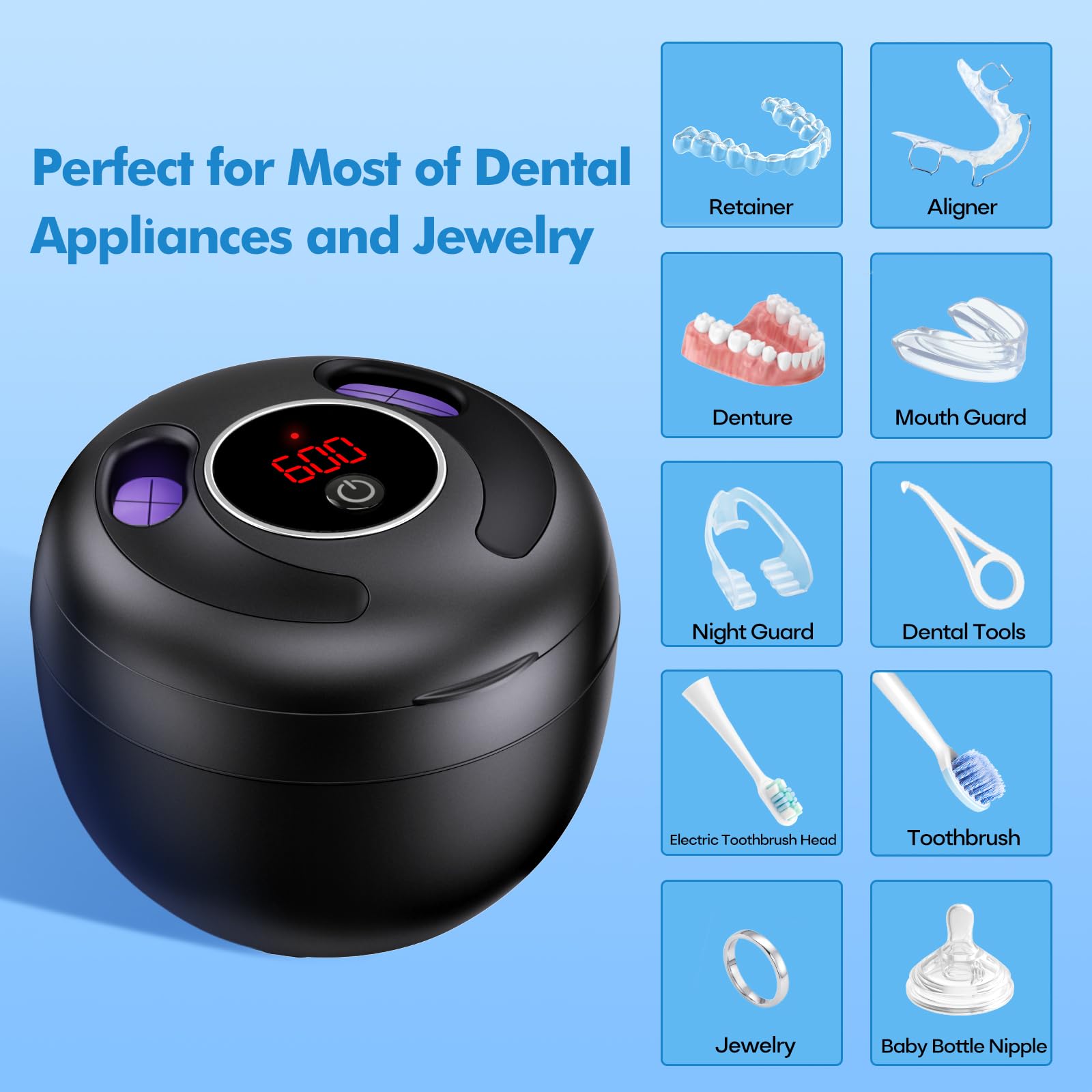 Upgraded Ultrasonic Retainer Cleaner Machine, 45kHz Ultrasonic Dentures Cleaner for Night Guards, Braces, Aligner, Toothbrush, Jewelry and More, 200ML Capacity, Black1 🍁 All In One Marketplace Canada